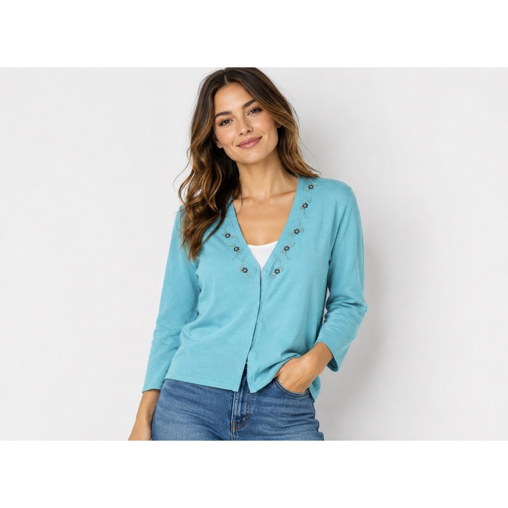 Studio I Womens Turquoise Blue Beaded Floral Cardigan Hook Eye Sweater Size 12